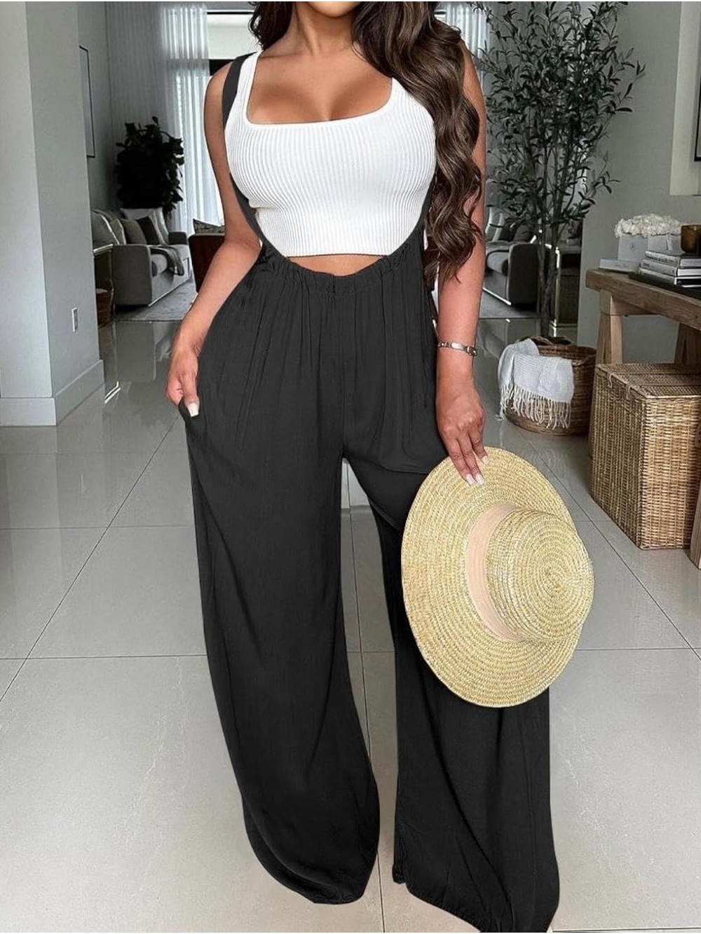 Final Touch Black Wide-Leg Suspender Jumpsuit with Pockets